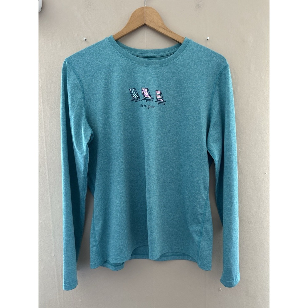 Life Is Good Womens Active Long Sleeve Top Size M Blue Beach Chairs Summer